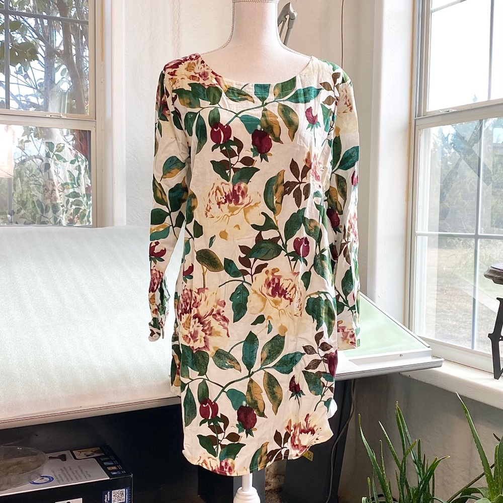 ScoopNeck Floral Earth Tones Roll-tab Sleeves MiniDress, NWOT